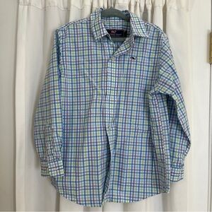 vineyard vines boys blue and green plaid button up dress shirt